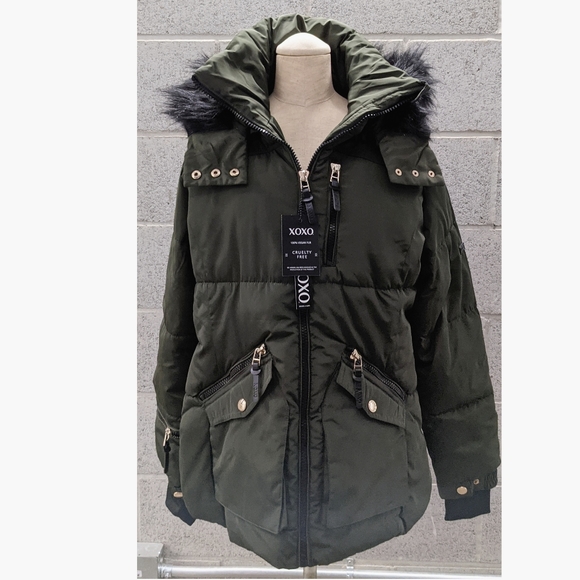 XOXO Faux Fur Hooded Puffer Coat Large Green - Picture 1 of 6